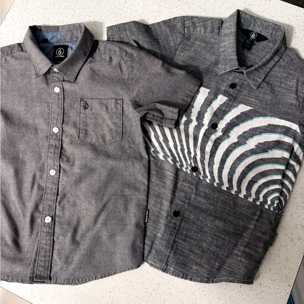 (2) Boys Volcom Solid Gray and Gray with Fun Stripes Casual Button-Down Shirts